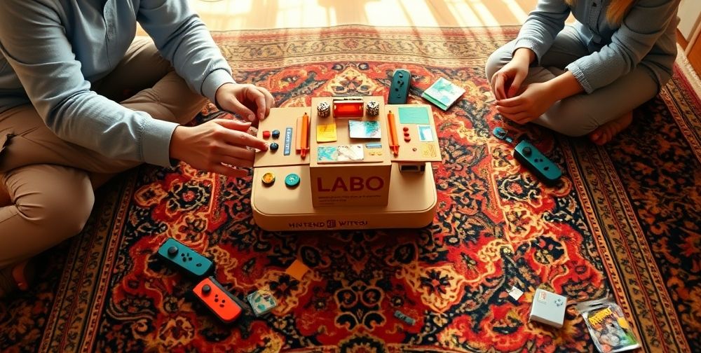 A close-up of hands of both young children and adults solving a colorful, interactive Nintendo Labo cardboard project on a large Persian-style coffee table, surrounded by playful crafting materials and Switch Joy-Cons, daylight enhancing the atmosphere.