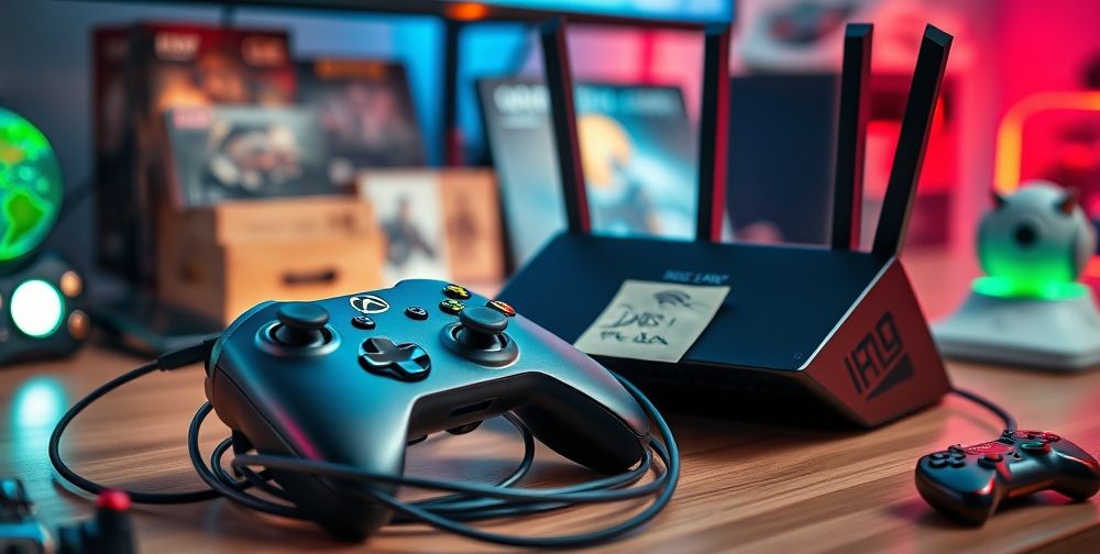 A detailed close-up of an Xbox controller and network cables resting beside a Wi-Fi router, with DNS IP addresses handwritten on a sticky note. The setting is a modern Iranian teen’s desk with gaming memorabilia and a bright, energetic vibe.