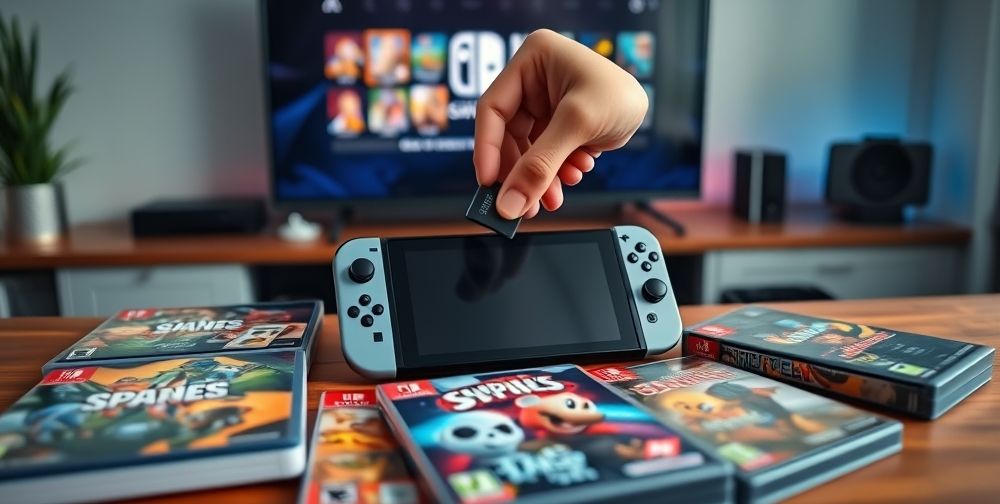 A neat home gaming station focused on a Nintendo Switch, open game cases with vibrant artwork scattered neatly, and a hand selecting a microSD card to expand storage. There is also a loading screen on the TV with popular game icons.