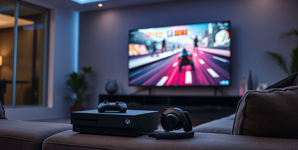 A modern living room with an Xbox console, professional gamer headset, and a big screen TV displaying a fast-paced online multiplayer game. The scene reflects high-tech gaming and a focus on speed and connectivity.