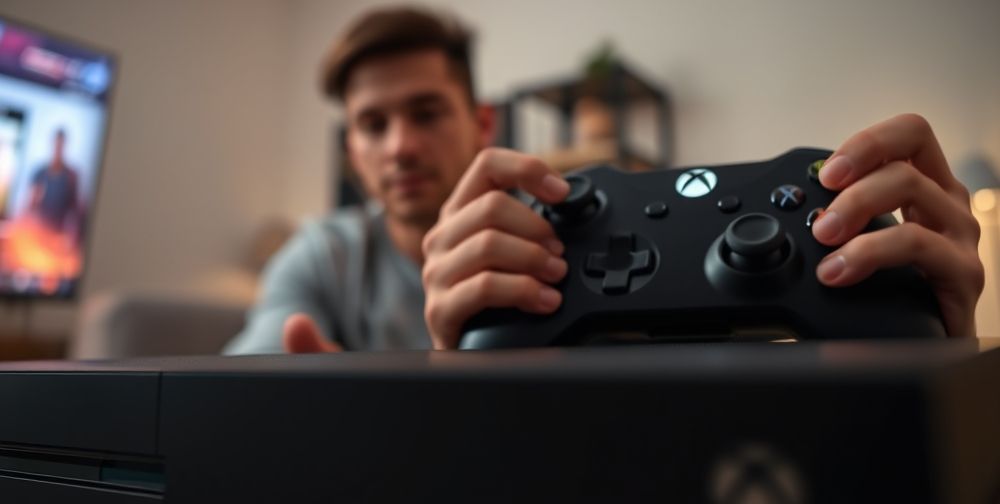 Close-up of an Xbox console, showing settings menu with the DNS configuration screen open. In the background, a gamer is holding a wireless controller, ready to optimize their connection.