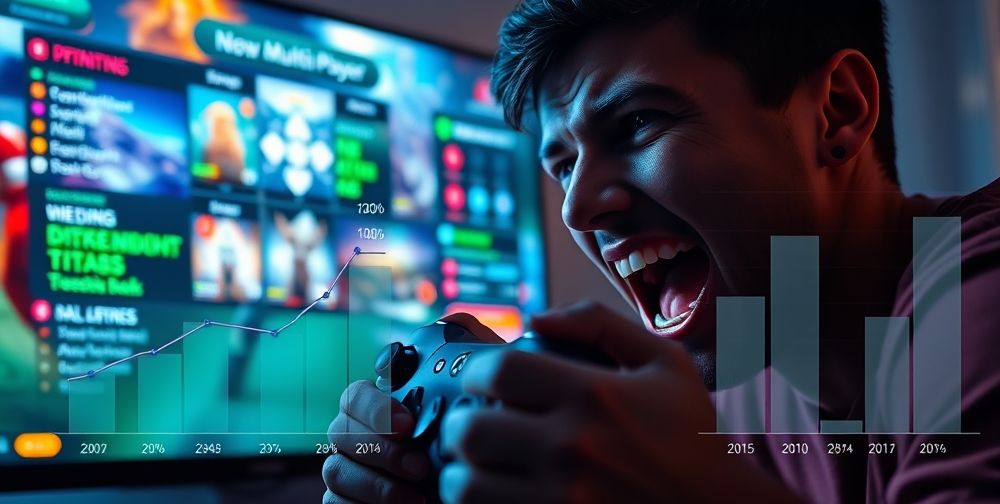 A dramatic close-up shows an excited gamer holding an Xbox controller, eyes focused on a vivid TV screen displaying an online multiplayer game dashboard. Graphs of ping, speed, and stable connections overlay the image, emphasizing performance improvements from DNS tweaks.