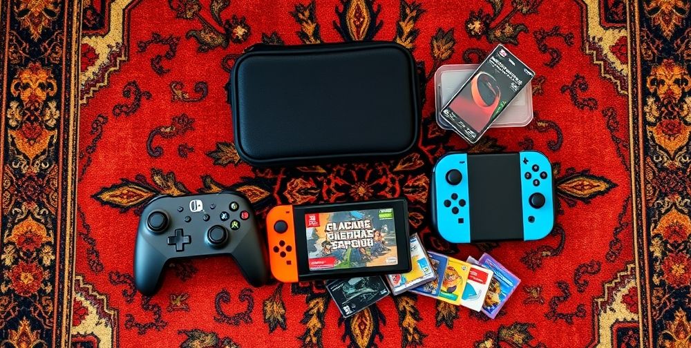 A close-up, flat-lay image showing Nintendo Switch essential accessories: a Pro Controller, durable carrying case, screen protector, Joy-Con charging dock, and colorful game cartridges on a stylish Persian rug background.