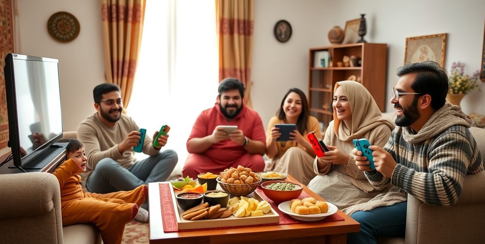 A bright indoor scene of a Persian family comfortably gathered around the TV, playing Nintendo Switch together with cheerful expressions, Joy-Cons in hand, traditional snacks on the table, and cultural décor subtly present in the background.