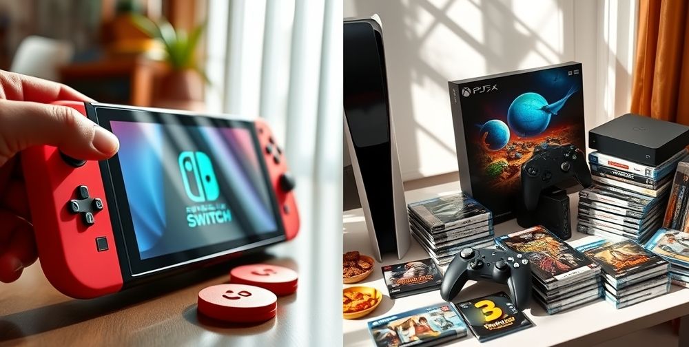 A split-screen close-up comparing the Nintendo Switch OLED handheld mode with vivid game graphics, versus a PS5 and Xbox Series X setup on a sleek gaming desk, surrounded by game cases and Persian snacks, all under daylight.