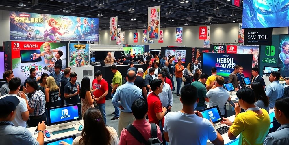 Bright convention scene with diverse gamers trying Nintendo Switch consoles in both docked and handheld forms, vibrant banners celebrating popular hybrid games, and developers sharing insights on stage about hybrid gaming trends.