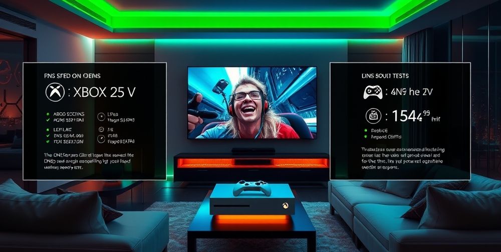 A modern living room with an Xbox Series X and a large 4K TV, two gamers playing online, with a visual overlay showing DNS server settings and speed test results on the screen. The environment looks friendly and high-tech.