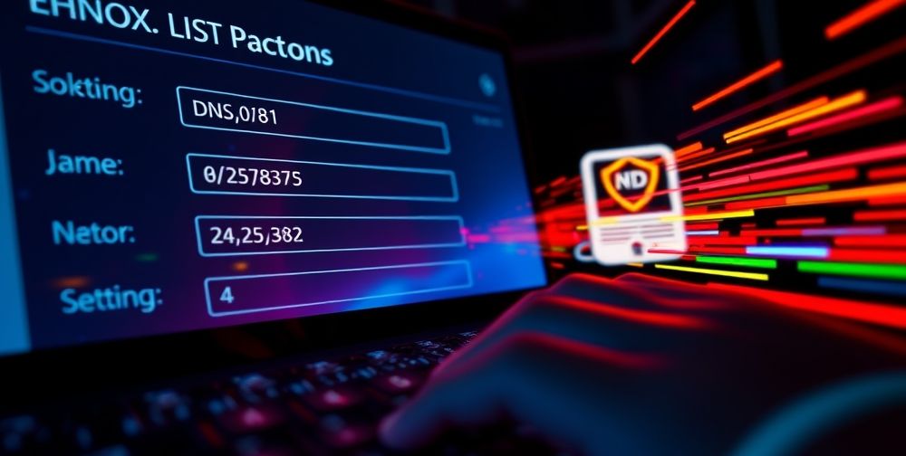 An animated close-up of an Xbox network settings screen showing DNS entries being typed in by a user, with a graphical representation of packets zooming rapidly toward a distant game server icon. The feeling is dynamic and focused.