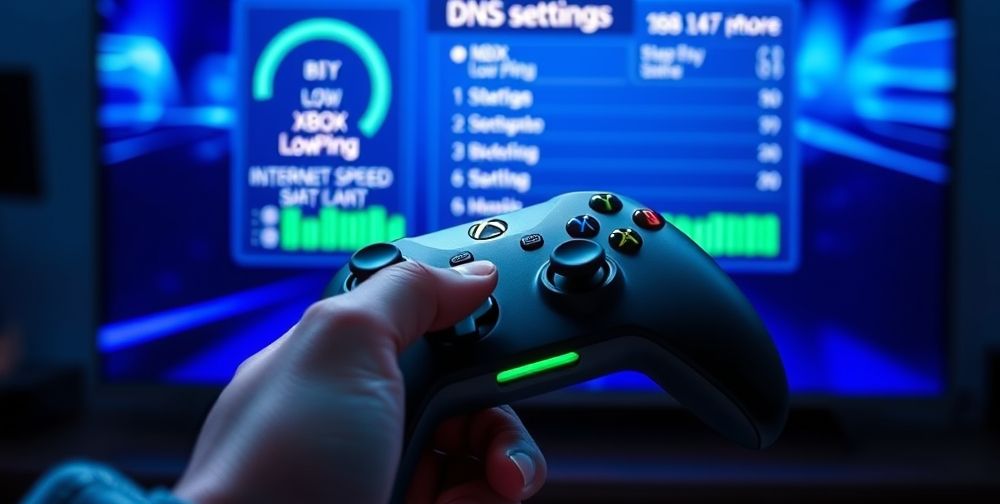 A detailed close-up of an Xbox controller held in hand, with a graphical overlay showing low ping, fast internet speed bars, and highlighted DNS settings screen on a TV behind, invoking the feel of seamless online gameplay.