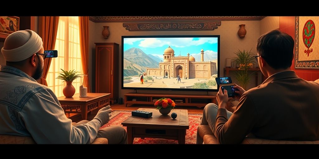 A concept design of Nintendo Switch 2 with holographic controls, showing Persian gamers playing in a traditional Iranian living room with next-gen graphics visible on a large screen.