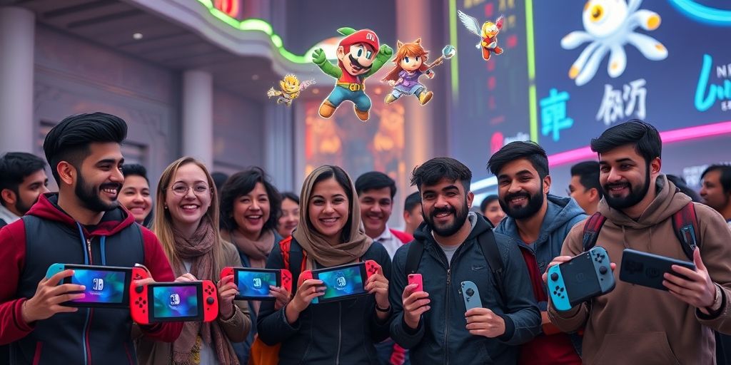 A diverse group of Persian gamers smiling while holding next-gen Nintendo Switch consoles, with iconic game characters holographically emerging in a futuristic Tehran cityscape background.