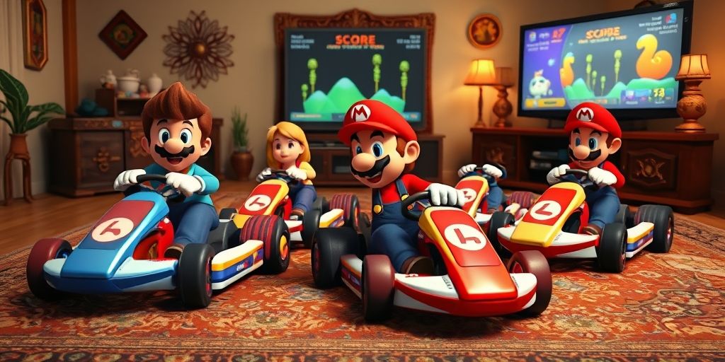A vibrant Mario Kart race scene on a Persian rug, four family members intensely racing in-game, colorful character karts, scoreboard on the TV, animated facial expressions, traditional Persian decorations in the background.