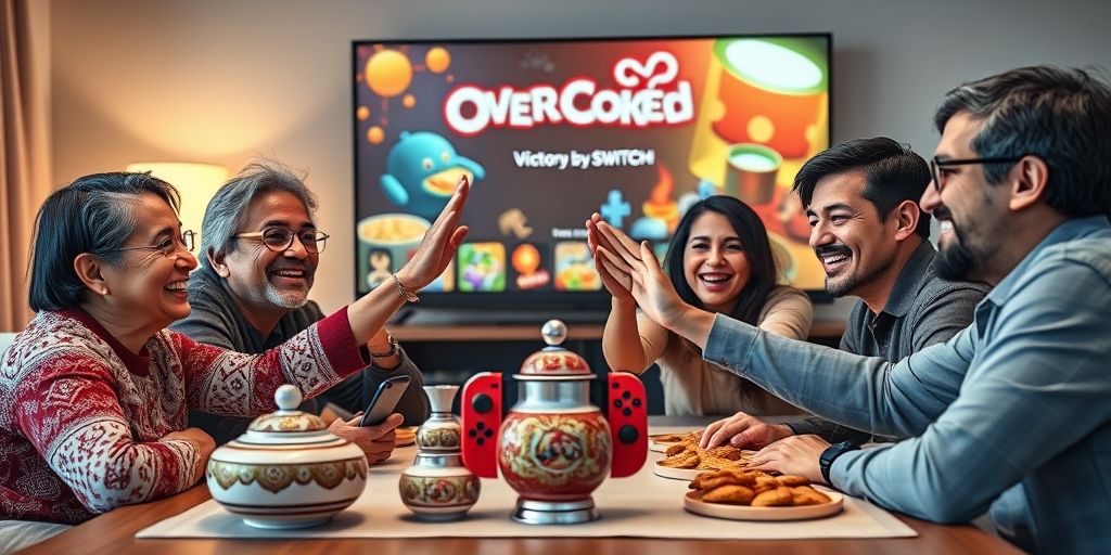 A Persian family of various ages smiling and high-fiving after completing a level together on Nintendo Switch, TV shows victory screen from Overcooked, Persian tea set and small snacks are on the table, cozy ambiance.