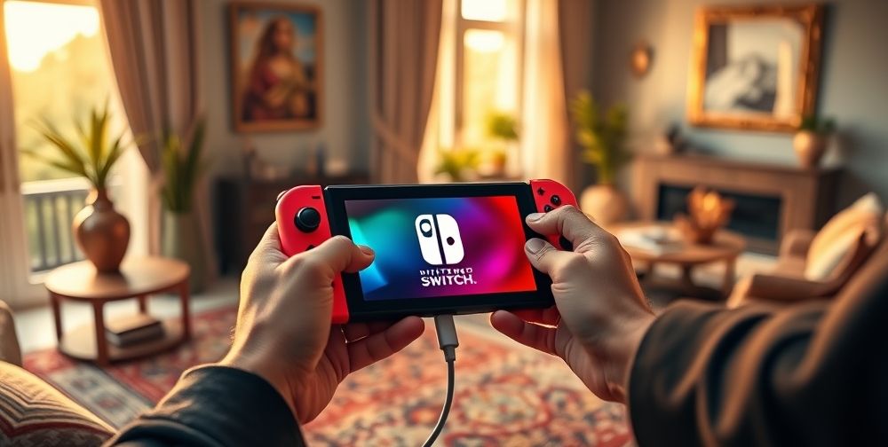 A detailed, dynamic scene showing a Nintendo Switch in the middle of charging, with a bright battery icon on screen, an official Nintendo AC adapter, and a player’s hand handling the console, all in a modern Persian apartment.