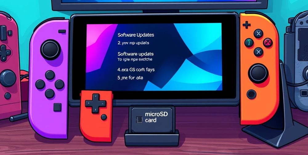 A highly detailed and vibrant illustration of a Persian gamer’s Nintendo Switch setup with colorful Joy-Cons, open Switch menu displaying software updates, a microSD card being inserted, and a cooling stand in place.