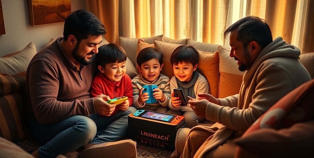 A heartwarming, high-detail image of a Persian family sitting together in a cozy living room, the Nintendo Switch at the center, children being taught how to use Joy-Cons, and a parent activating parental controls.