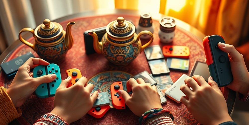 A vibrant tabletop scene showing a Persian tea set, various Nintendo Switch accessories, game cartridges, and animated hands holding Joy-Cons, reflecting active everyday play and conversation.