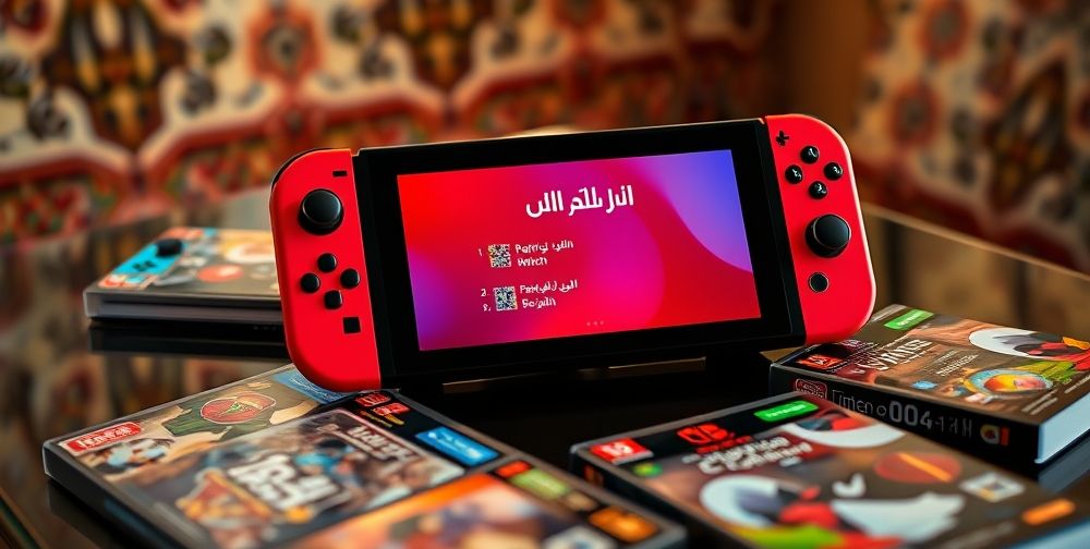 A close-up image of Nintendo Switch with Persian on-screen settings, Persian parental control stickers, and open game cases labeled in Farsi, set on a chic modern table for a uniquely Iranian context.