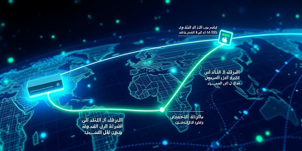 Animated diagram showing DNS traffic flowing from Xbox console to global servers, bypassing firewall restrictions, with Persian text labels explaining the process