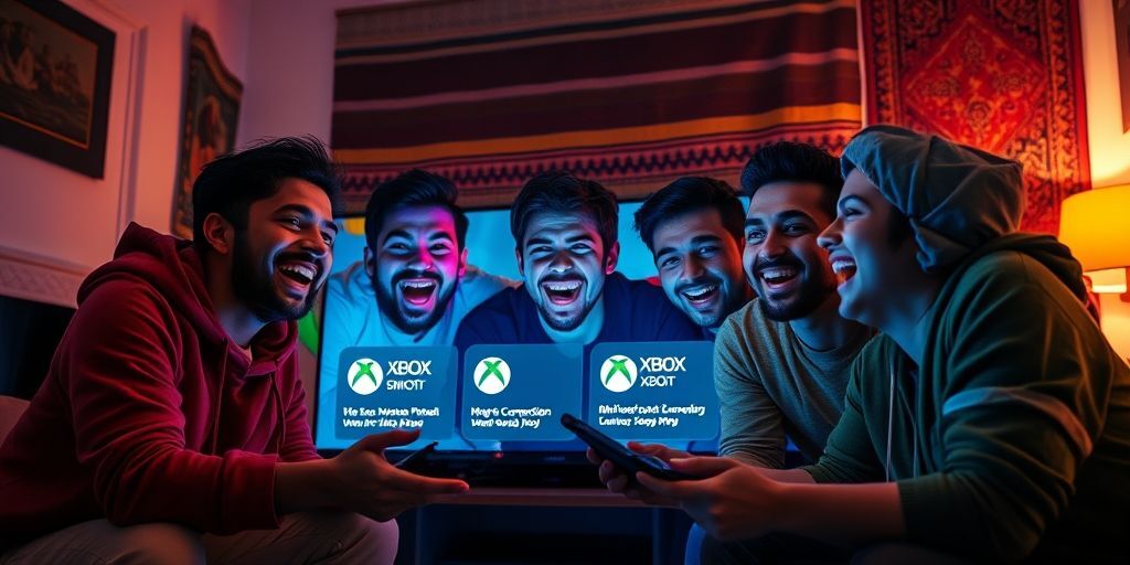 Happy Iranian friends playing Xbox together online, with smooth connection indicators and low ping numbers displayed on screen