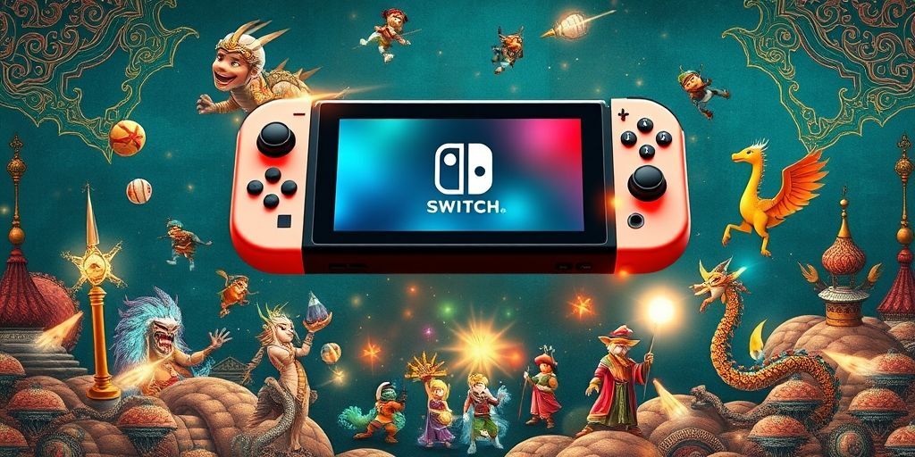 An artistic collage showing a futuristic Nintendo Switch console floating above Persian miniature art elements, with holographic game characters from both Nintendo franchises and Persian mythology interacting dynamically.