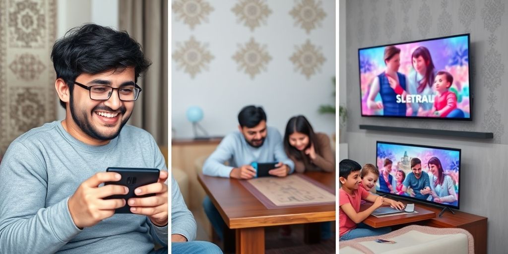 A Persian gamer smiling while playing Nintendo Switch in three different modes: handheld, tabletop with family, and TV mode - with traditional patterns subtly integrated into the background.