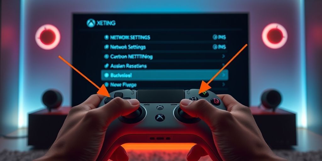 Step-by-step visual guide showing Xbox Series X settings menu in Persian language, with arrows pointing to Network Settings and DNS configuration fields, hands holding controller.