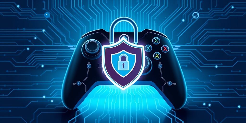 Digital lock icon protecting an Xbox controller with shield symbol, network security visualization in Persian language interface, blue security theme.