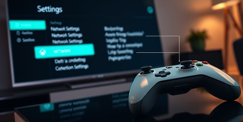 A close-up, step-by-step visual of Xbox settings menu on a modern TV screen, showing “Network Settings” highlighted, and a controller nearby—infographic style with clear labels for DNS configuration, appealing to gamers.