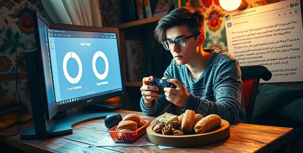 A photo-style depiction of a young Iranian gamer in a cozy room, Xbox controller in hand, Persian snacks on the desk, fast internet symbols on monitor, with a social media screen showing Persian gaming forums discussing DNS settings.