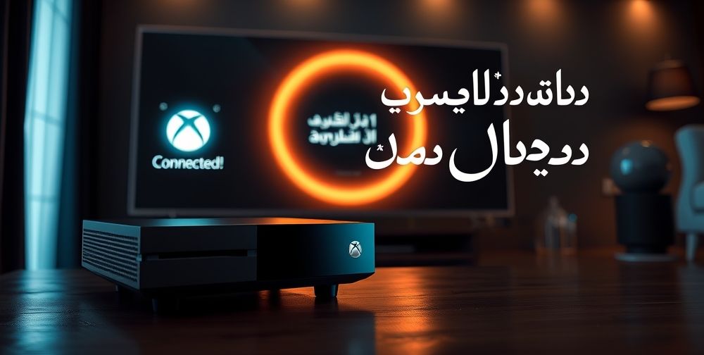 An inspiring, artistic scene: an Xbox console next to a TV, displaying a futuristic “Connected!” success icon for fast network. Persian calligraphy for “سریع‌تر، بهتر، امن‌تر” overlays the image, emphasizing confidence and high-tech gaming.