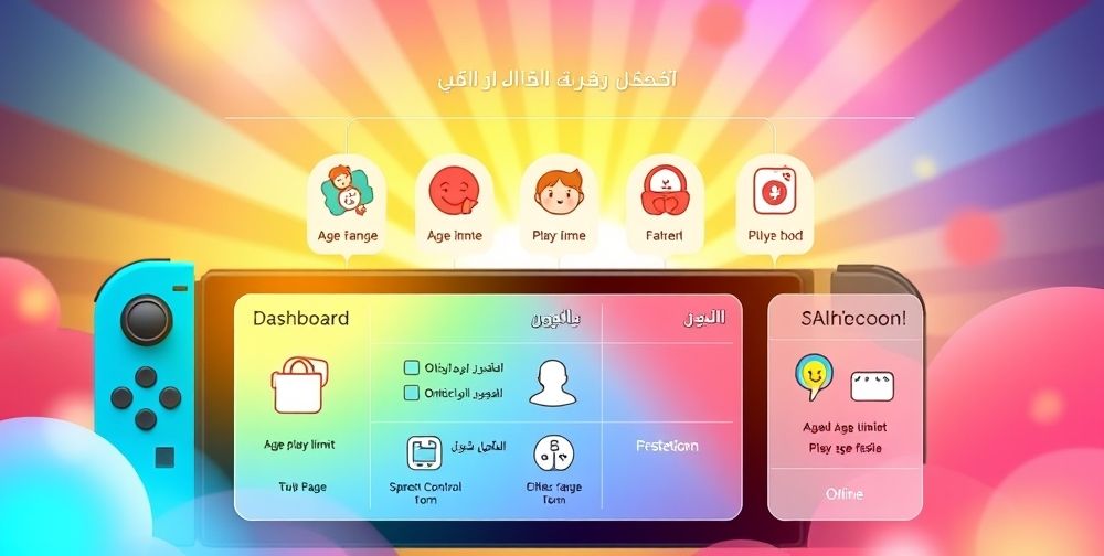 A graphical tutorial screenshot showing the Nintendo Switch Parental Controls app dashboard in Persian, highlighting age range settings, play time limits, and online communication filters in a colorful, family-friendly style.