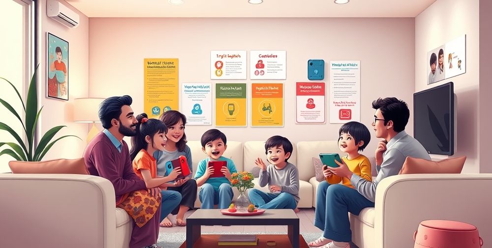 An artistic illustration of an Iranian family in a modern home, discussing Nintendo Switch guidelines, with visible posters highlighting digital safety, children’s smiling faces, and playful colors to evoke trust and warmth.