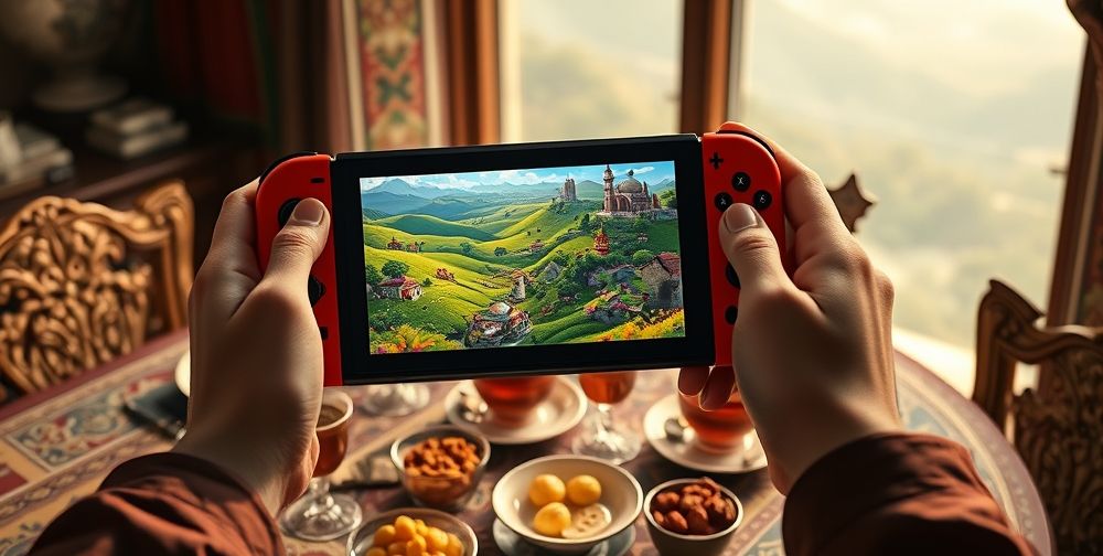 Ultra-detailed visualization of a Nintendo Switch game in handheld mode, showing lush, colorful in-game landscapes and crisp UI overlays, set against a Persian-style table with tea and snacks.