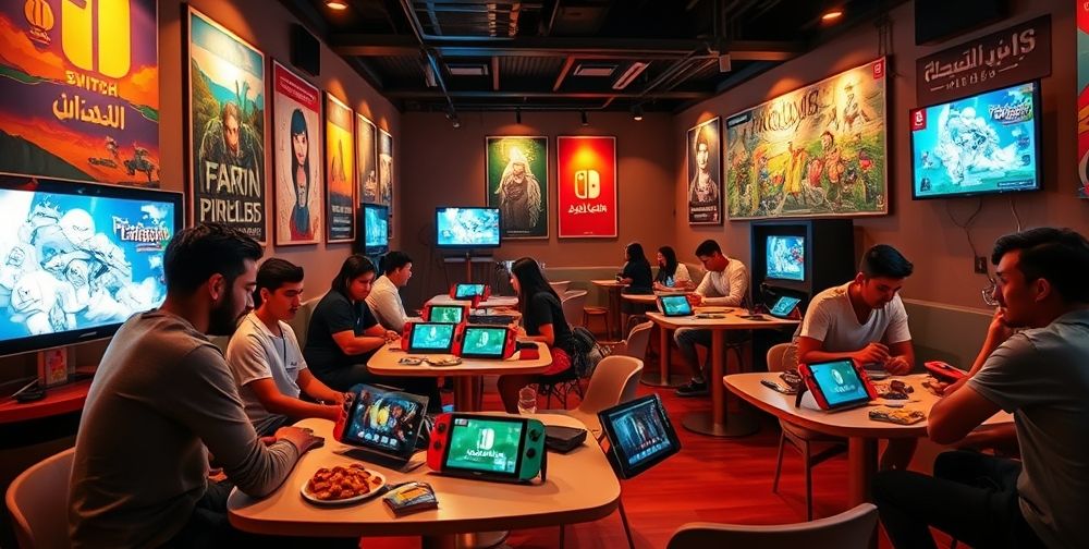 A friendly, modern Persian gaming café environment with young people, several Nintendo Switch consoles on tables, vivid screens, Persian posters, snacks, and conversations about games, warmly lit for a sense of community.