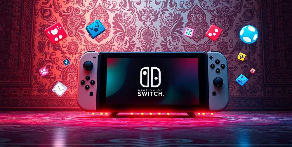 A futuristic render of a next-generation Nintendo Switch console with an elegant, thin display and immersive Persian-style wallpaper, surrounded by popular game icons and subtle futuristic lighting, signaling next-gen possibilities.