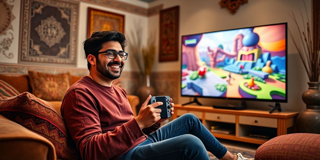 A Persian gamer holding a Nintendo Switch OLED in a cozy living room setting, smiling while playing a colorful action-adventure game on the TV screen, with traditional Persian elements subtly incorporated in the decor.