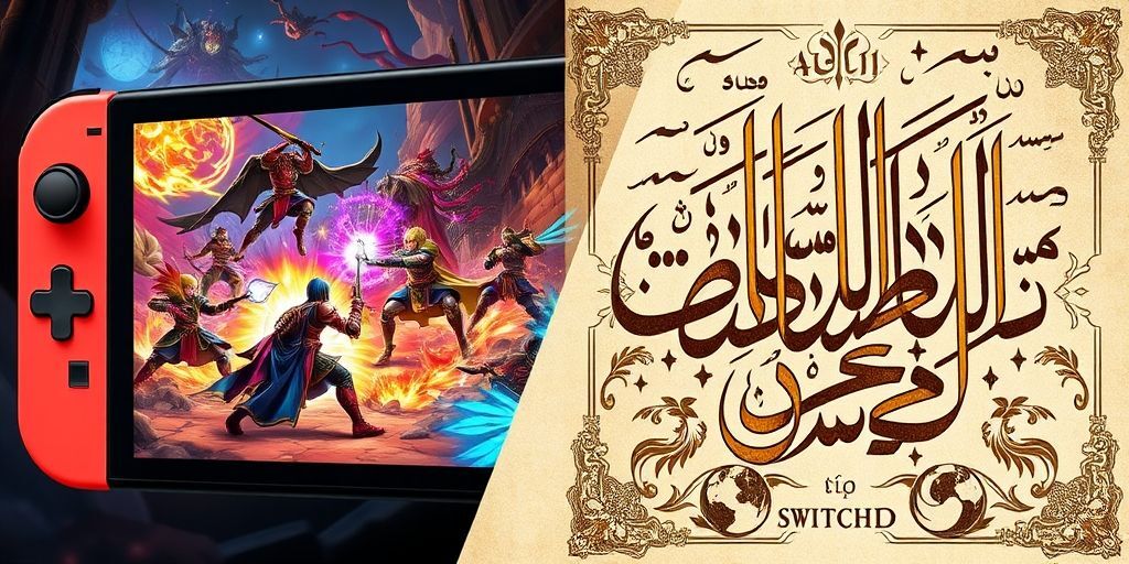 A detailed split-screen image: left side shows intense RPG combat on Nintendo Switch screen, right side displays Persian calligraphy art blending with game elements, symbolizing cultural appreciation.