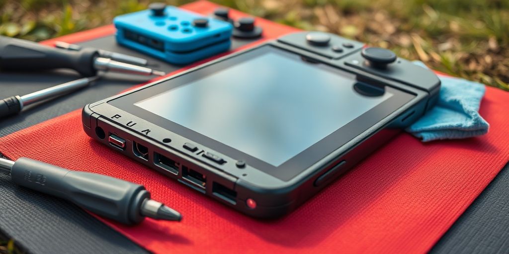 A Nintendo Switch console lying on a repair mat with tools like screwdrivers and thermal paste, showing detailed close-up of Joy-Con rail connectors and heat vents, professional lighting
