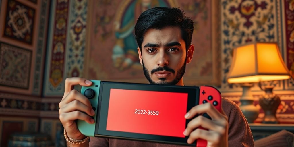 A Persian gamer holding a Nintendo Switch showing error code 2002-3539 on screen, with worried expression, home background with traditional Persian elements