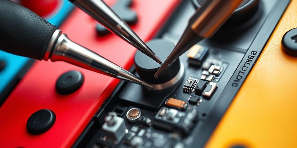 Close-up of Joy-Con controllers being repaired with precision tools, showing analog stick replacement process and contact cleaning with isopropyl alcohol, macro photography