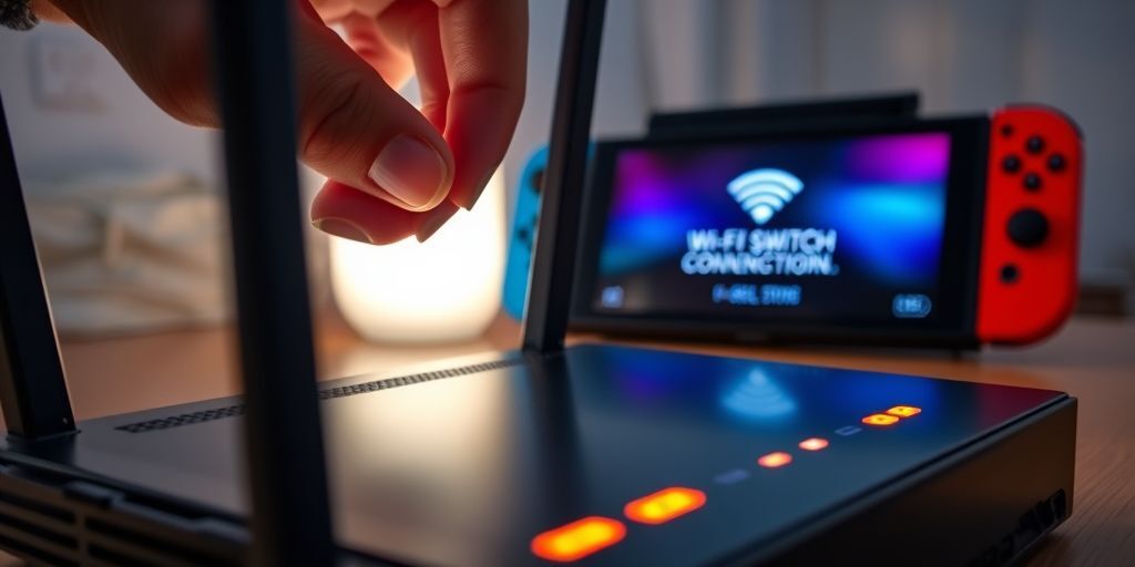 Close-up of a router with visible LED indicators, showing a hand adjusting antenna position. A Nintendo Switch error message appears on its screen, displaying Wi-Fi connection failure.