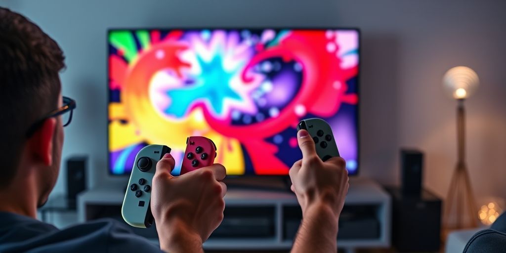 A person playing Nintendo Switch online game Splatoon 3 on a TV screen, with intense colorful ink battles visible. Joy-Con controllers in hand, focused expression, and a stable Wi-Fi icon shown on the console screen.