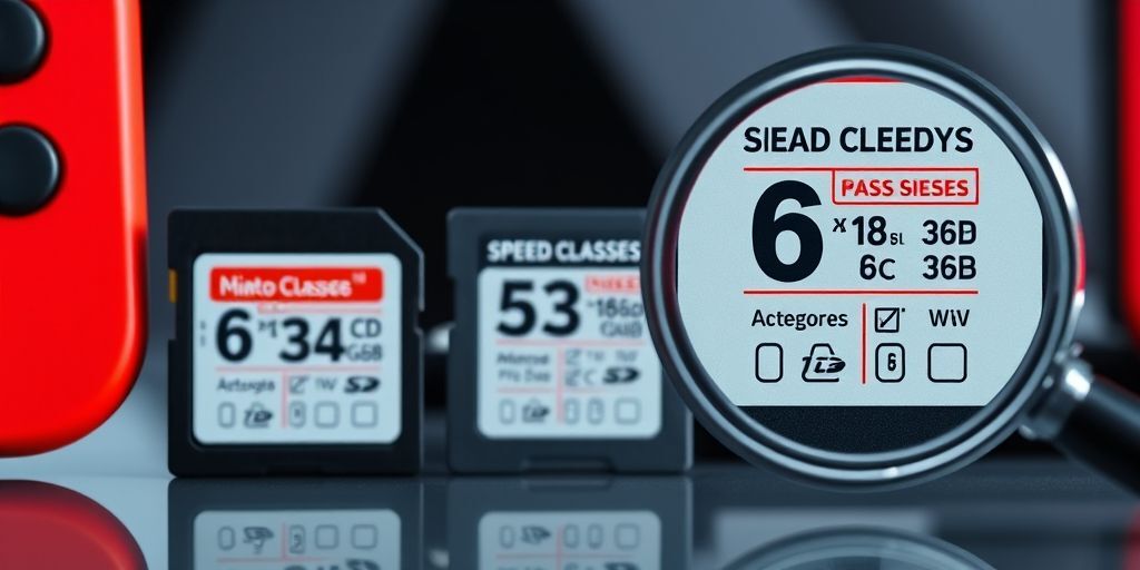 Close-up comparison of different microSD cards for Nintendo Switch, showing speed classes and storage capacities, with a magnifying glass highlighting important technical specifications.
