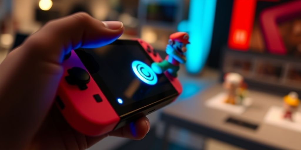 Close-up of a Nintendo Switch Joy-Con controller being used to scan an Amiibo figure, with NFC sensor highlighted in glowing blue light.