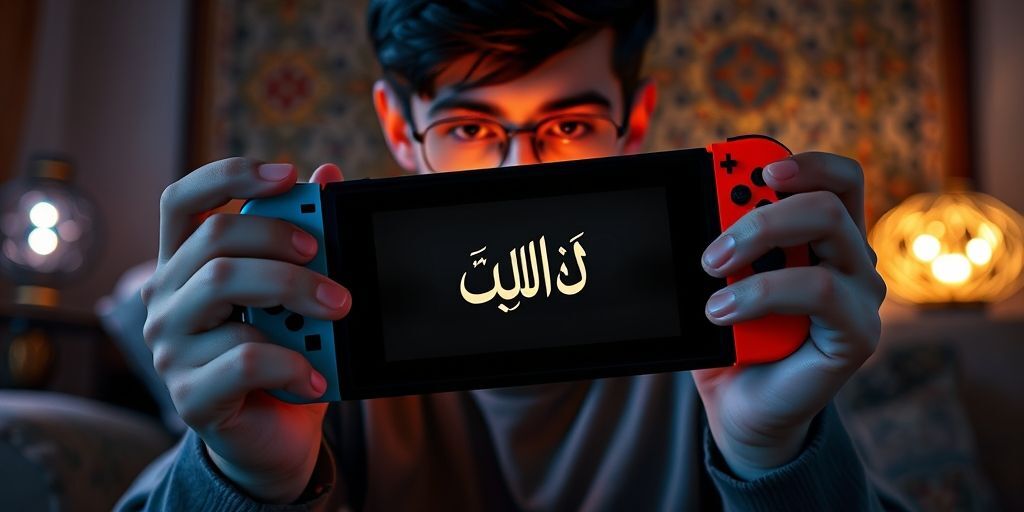 A Persian gamer holding Nintendo Switch in handheld mode, showcasing multiple game cartridges with Persian text labels and customized Joy-Con grips.