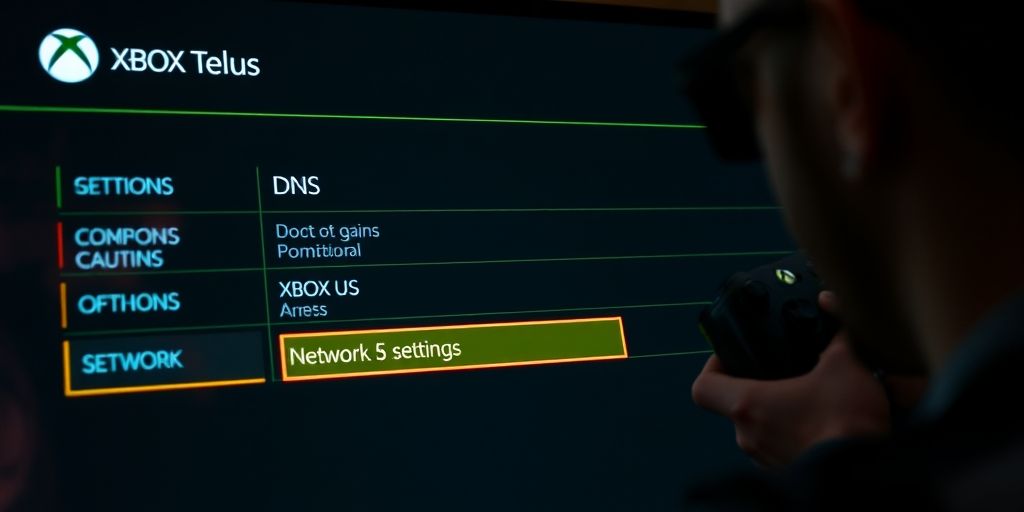 A close-up shot of a gamer changing network settings on an Xbox screen, with clear DNS options visible, vibrant colors, highly detailed