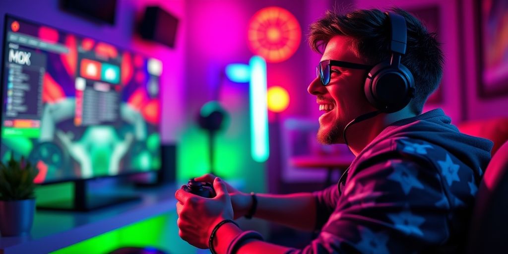 A gamer happily playing on Xbox after successfully changing DNS settings, vibrant light effects and a lively gaming room, highly detailed and vivid
