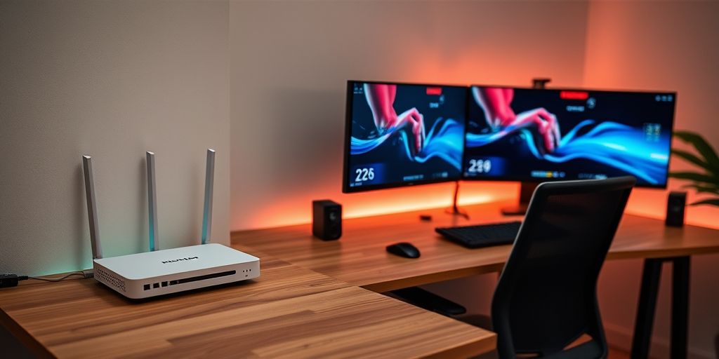 A modern home network setup for Xbox gaming: a sleek router, a compact modem, clean cabling, and a dedicated gaming desk with dual monitor layout, capturing a calm, optimized play environment and steady ping.