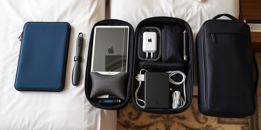 A traveler packing efficiently: silicone sleeve, screen protector, USB-C PD charger, power bank, travel-friendly case, with a hotel room background.
